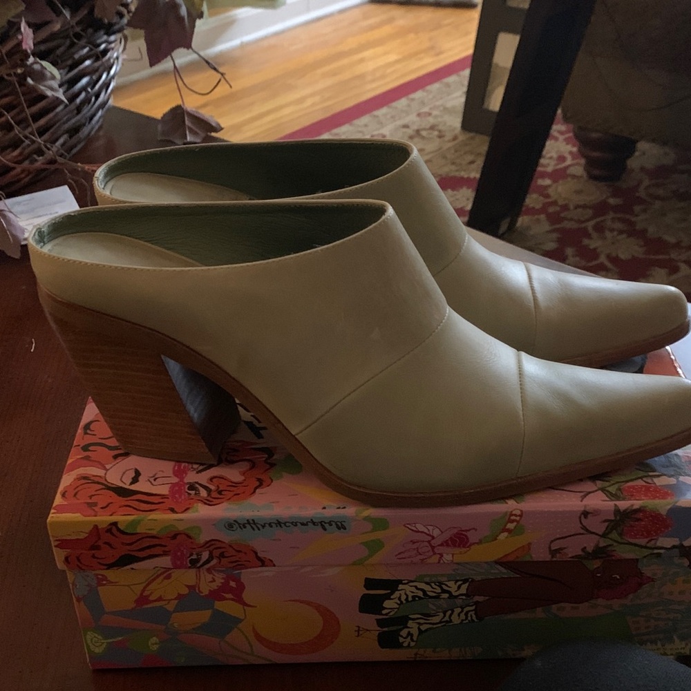 Jeffrey Campbell Cream Mules with Wooden Heel